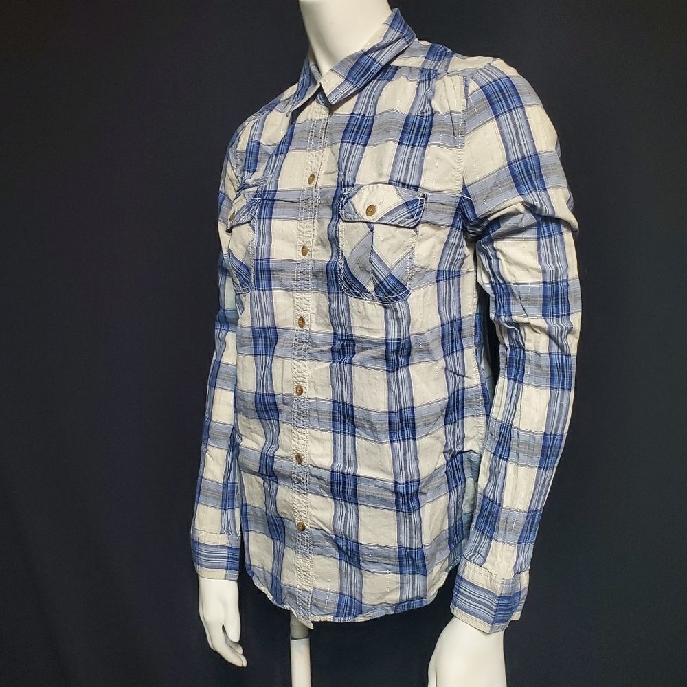 Express Cream & Blue Plaid Button Down Shirt (S)